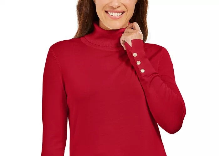 JM Women's Collection Stud-Sleeve Pullover Turtleneck Sweater  Red Size Medium