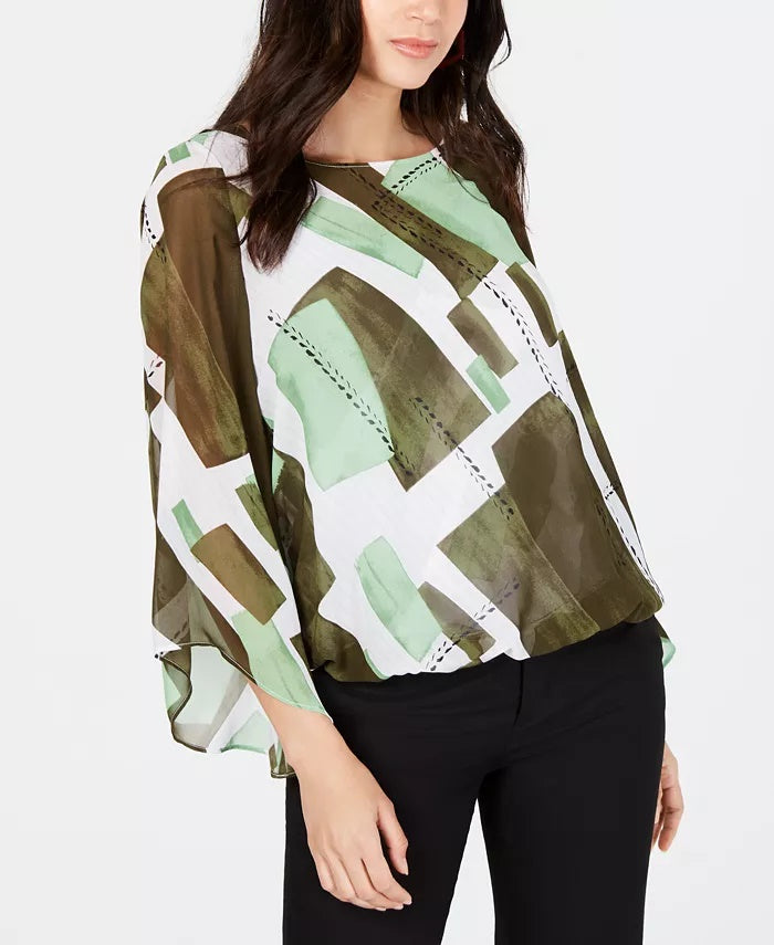Alfani Women's Printed Bubble-Hem Top Green Size Extra Small