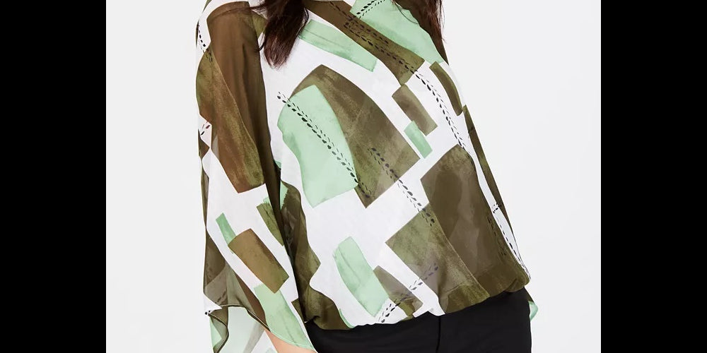 Alfani Women's Printed Bubble-Hem Top Green Size Extra Small