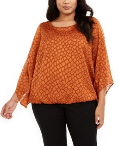 Alfani Women's Plus Printed Angel-Sleeve Bubble Top Brown Size 2X