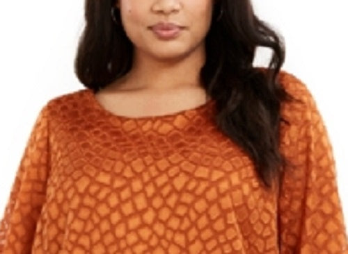 Alfani Women's Plus Printed Angel-Sleeve Bubble Top Brown Size 2X