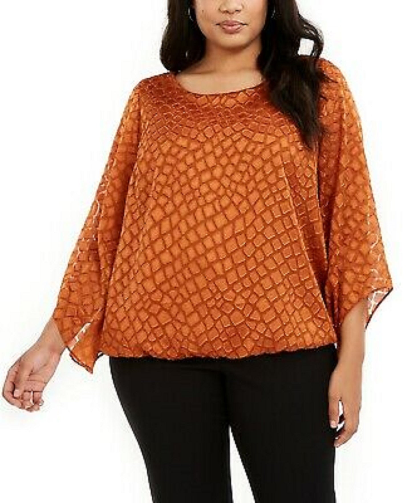 Alfani Women's Plus Size Printed Angel-Sleeve Bubble Top Brown Size 3X
