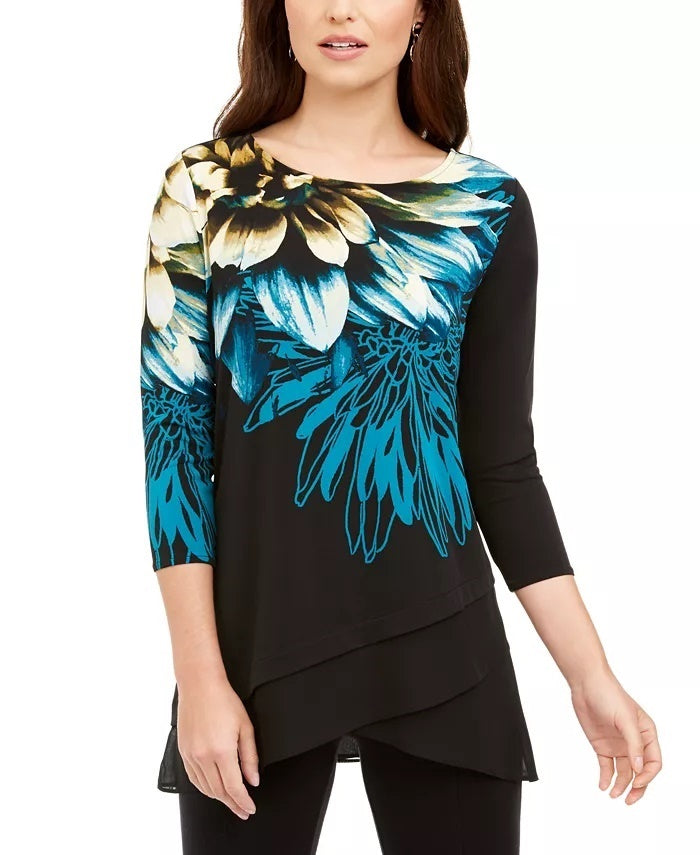 Alfani Women's Petite Bold Floral Blouse Black Size Medium