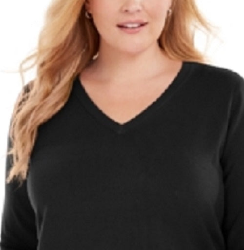 Karen Scott Women's Plus Size V-Neck Luxsoft Sweater Black Size 1X