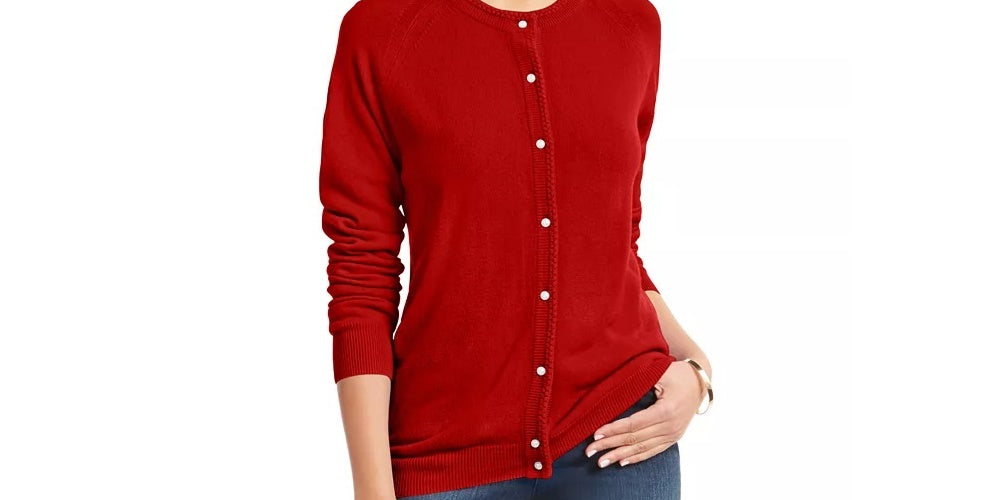 Karen Scott Women's Luxsoft Button Cardigan Red Size Petite