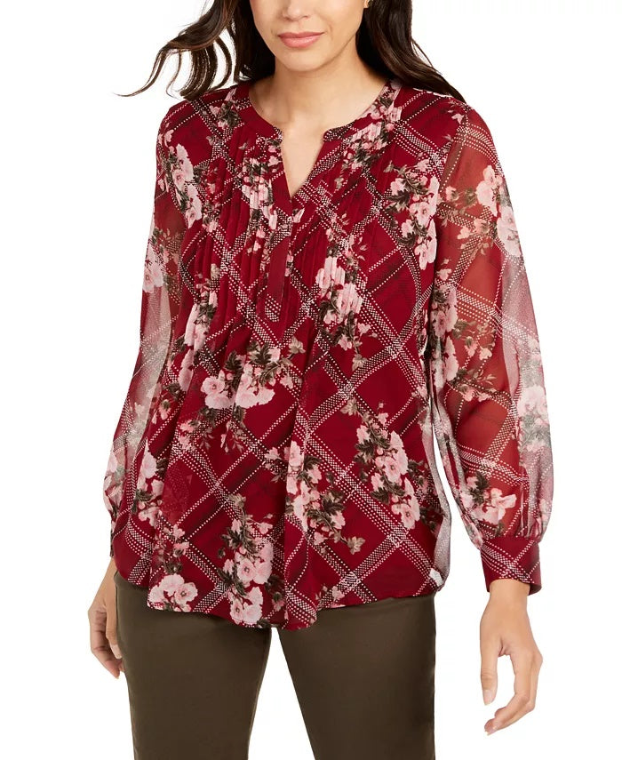 Charter Club Women's Printed Split Neck Top Wine Size Large