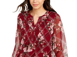 Charter Club Women's Printed Split-Neck Top Wine Size Extra Small