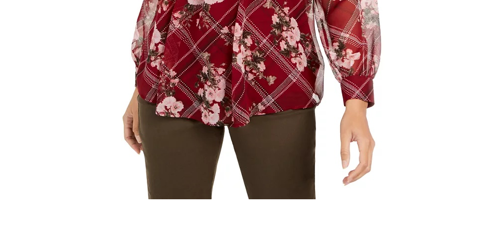 Charter Club Women's Printed Split-Neck Top Wine Size Extra Small