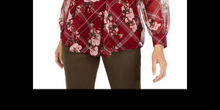 Charter Club Women's Printed Split-Neck Top Wine Size Extra Small