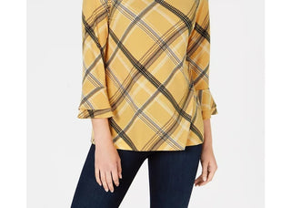 Charter Club Women's Plaid Bell-Sleeve Gold Size XX Large