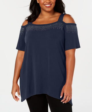 JM Collection Women's Cold-Shoulder Embellished Top Dark Blue Size Small