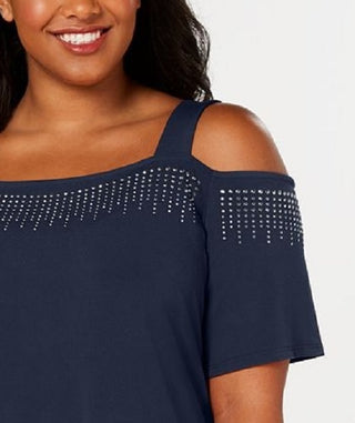 JM Collection Women's Cold-Shoulder Embellished Top Dark Blue Size Small