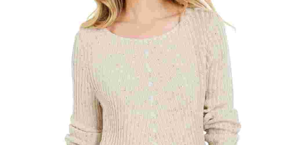 Style & Co Women's Scalloped Hem Ribbed Knit Sweater Beige Size Large