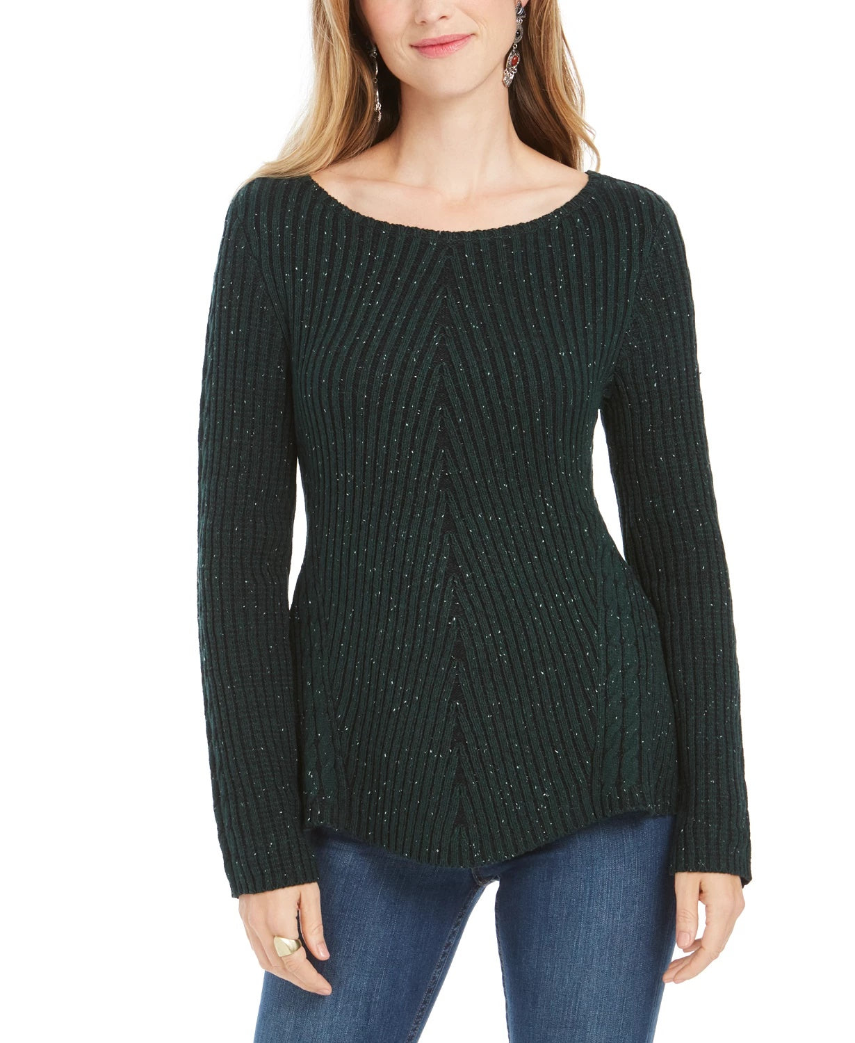 Style & Co Women's Textured  Knitted Printed Long Sleeve Jewel Neck T-Shirt Sweater Green Size Large