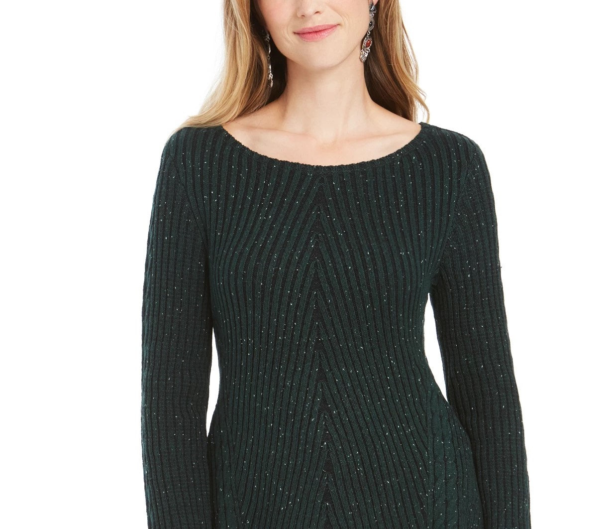 Style & Co Women's Textured  Knitted Printed Long Sleeve Jewel Neck T-Shirt Sweater Green Size Large
