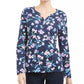Karen Scott Women's Floral-Print Henley Top Navy Size Extra Large