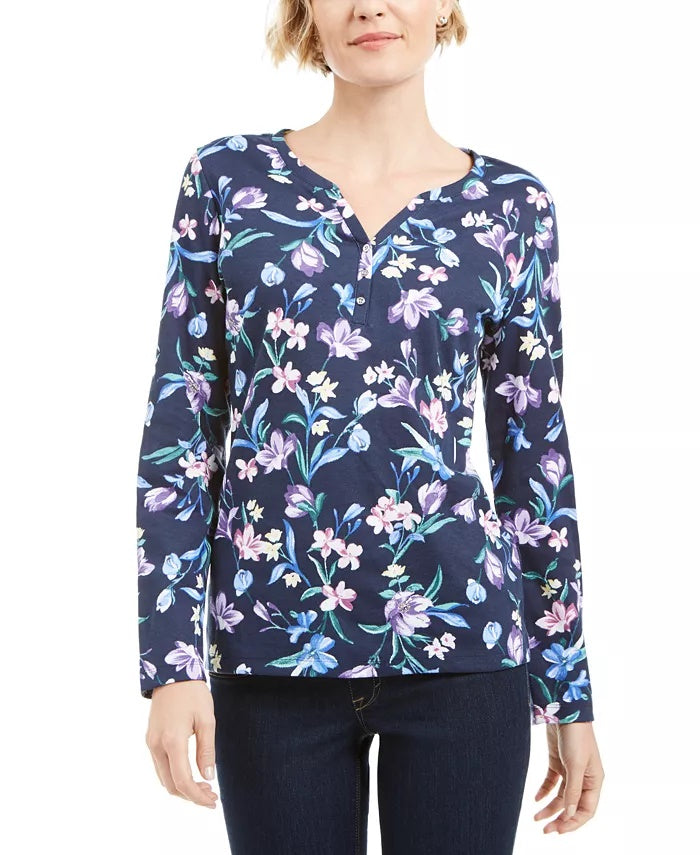 Karen Scott Women's Floral-Print Henley Top Navy Size Extra Large