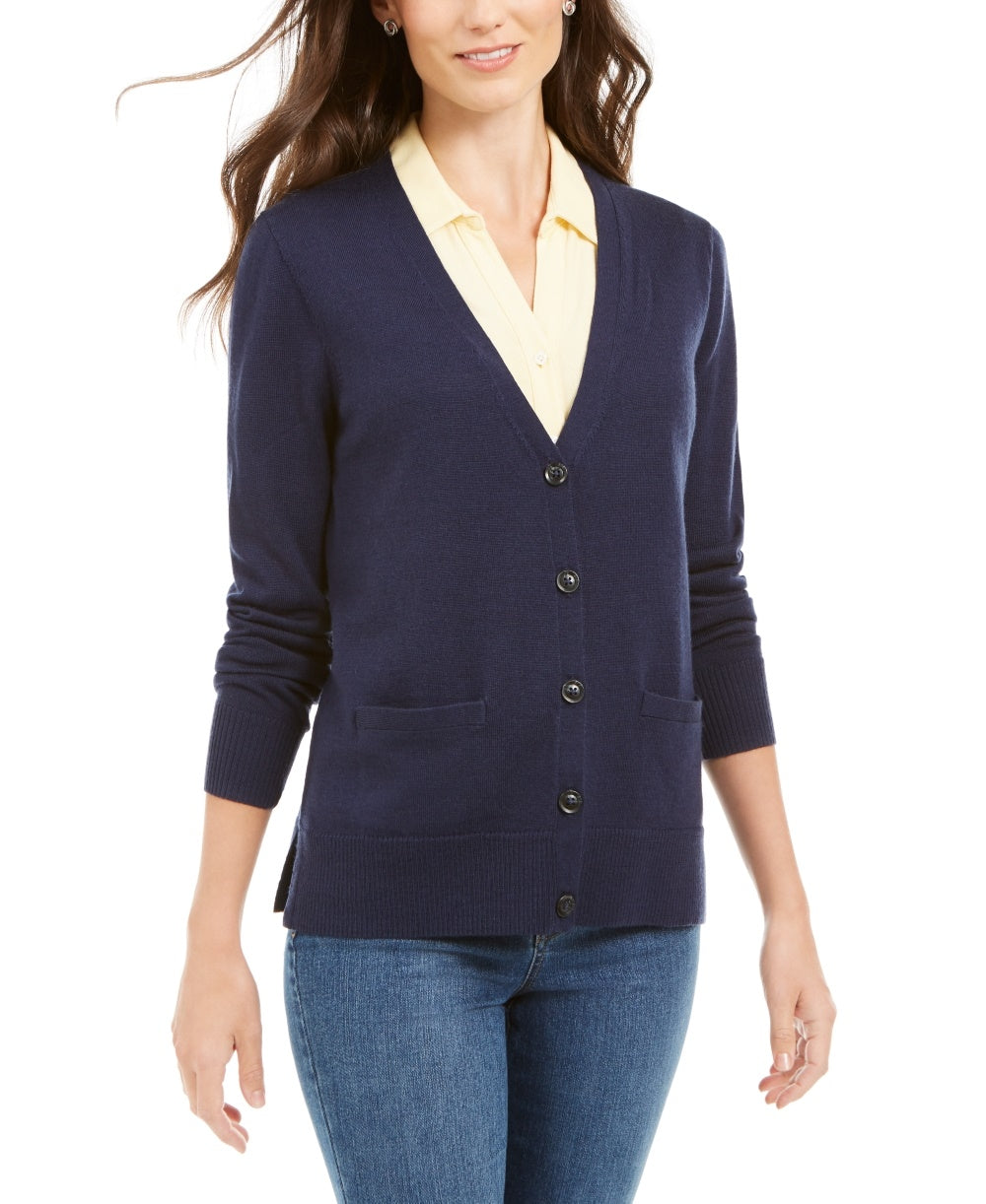 Charter Club Women's Merino Wool V Neck Cardigan Blue Size Large
