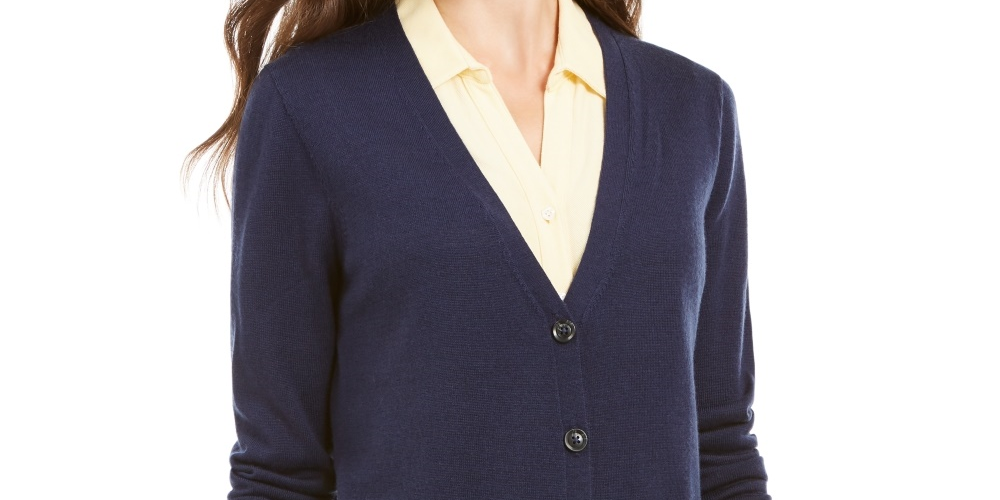 Charter Club Women's Merino Wool V Neck Cardigan Blue Size Large