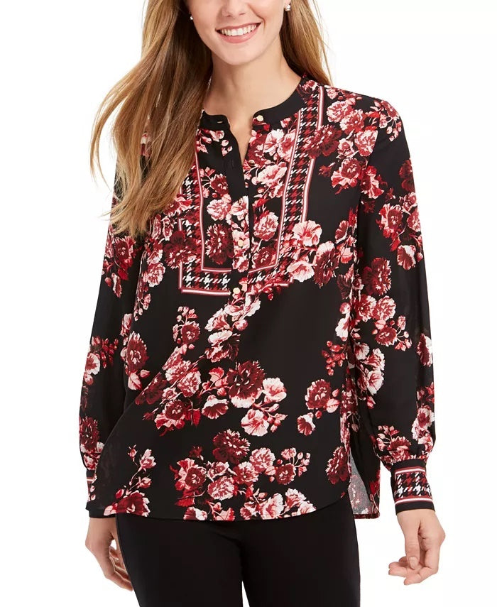 Charter Club Women's Floral Cuffed Jewel Neck Blouse Top Red Size Large
