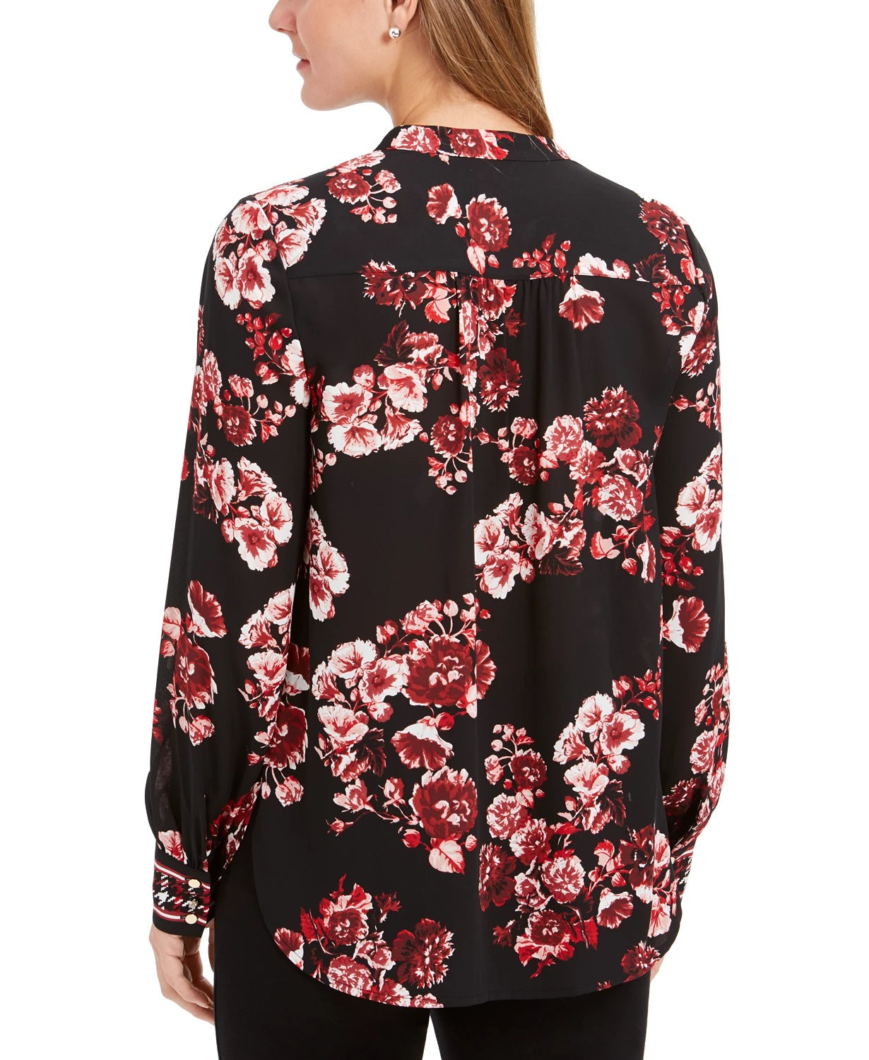 Charter Club Women's Floral Cuffed Jewel Neck Blouse Top Red Size Large