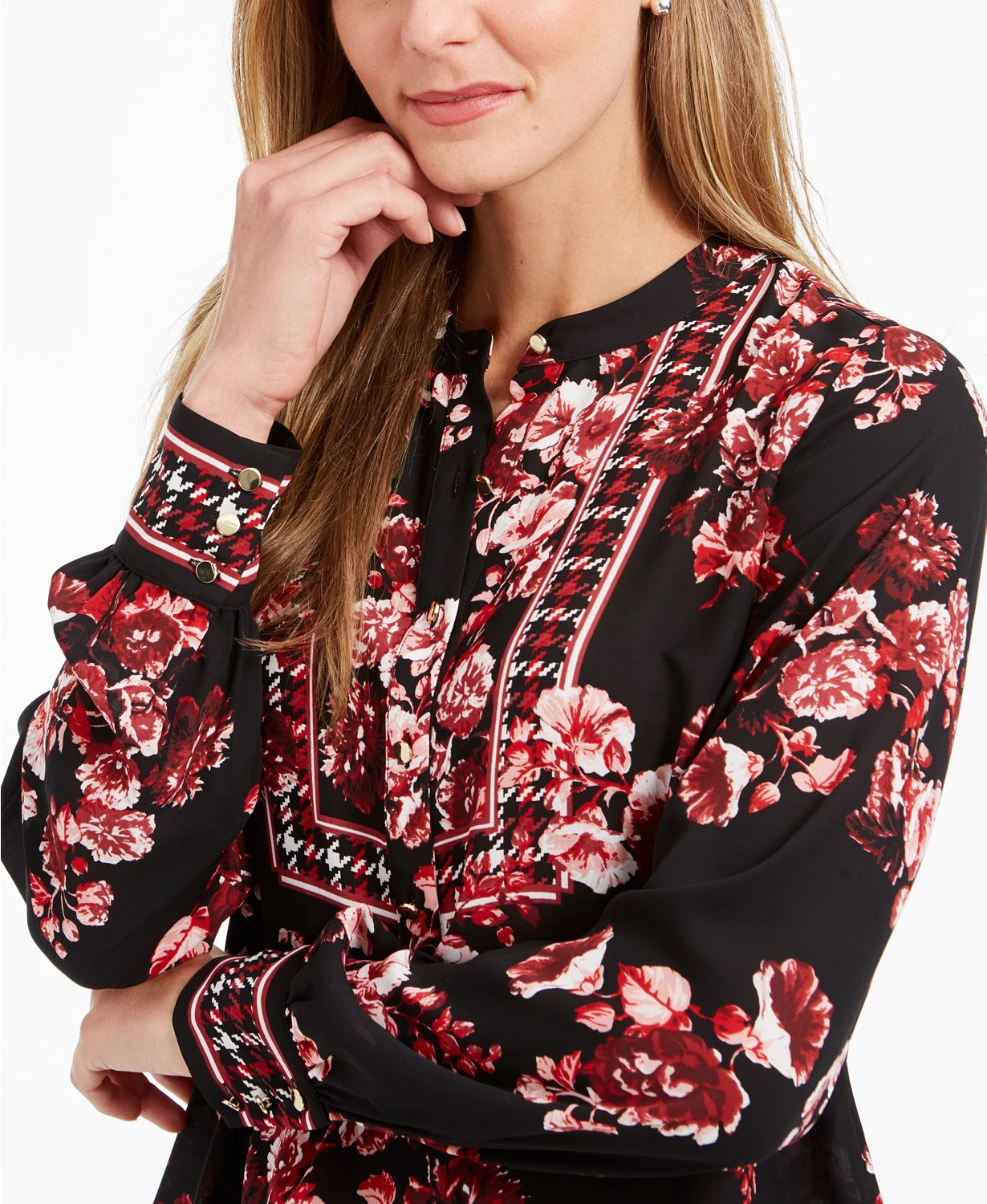 Charter Club Women's Floral Cuffed Jewel Neck Blouse Top Red Size Large