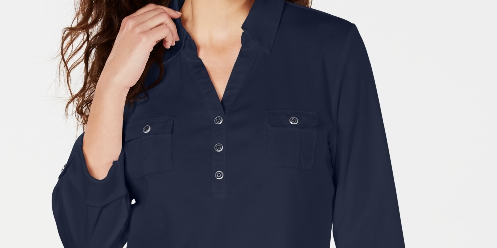 Karen Scott Women's Petite 3/4-Sleeve Polo Shirt  Navy Size PM