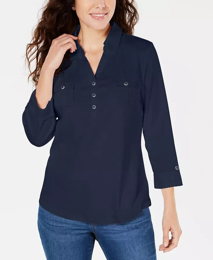 Karen Scott Women's Petite 3/4-Sleeve Polo Shirt Dark Blue Size Petite