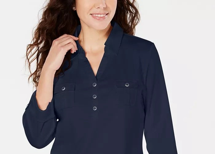 Karen Scott Women's Petite 3/4-Sleeve Polo Shirt Dark Blue Size Petite