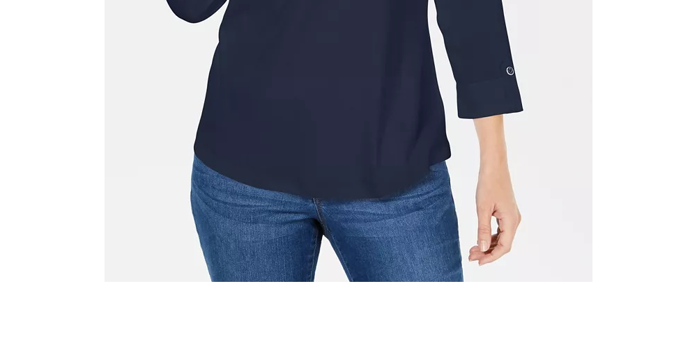 Karen Scott Women's Petite 3/4-Sleeve Polo Shirt Dark Blue Size Petite