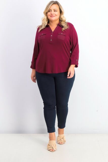 Karen Scott Women's Cotton 3/4 Sleeve Polo Top Red Size 1X