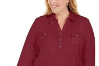 Karen Scott Women's Cotton 3/4 Sleeve Polo Top Red Size 1X
