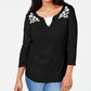 Karen Scott Women's Embroidered Cotton Layered-Look Top Black Size Small