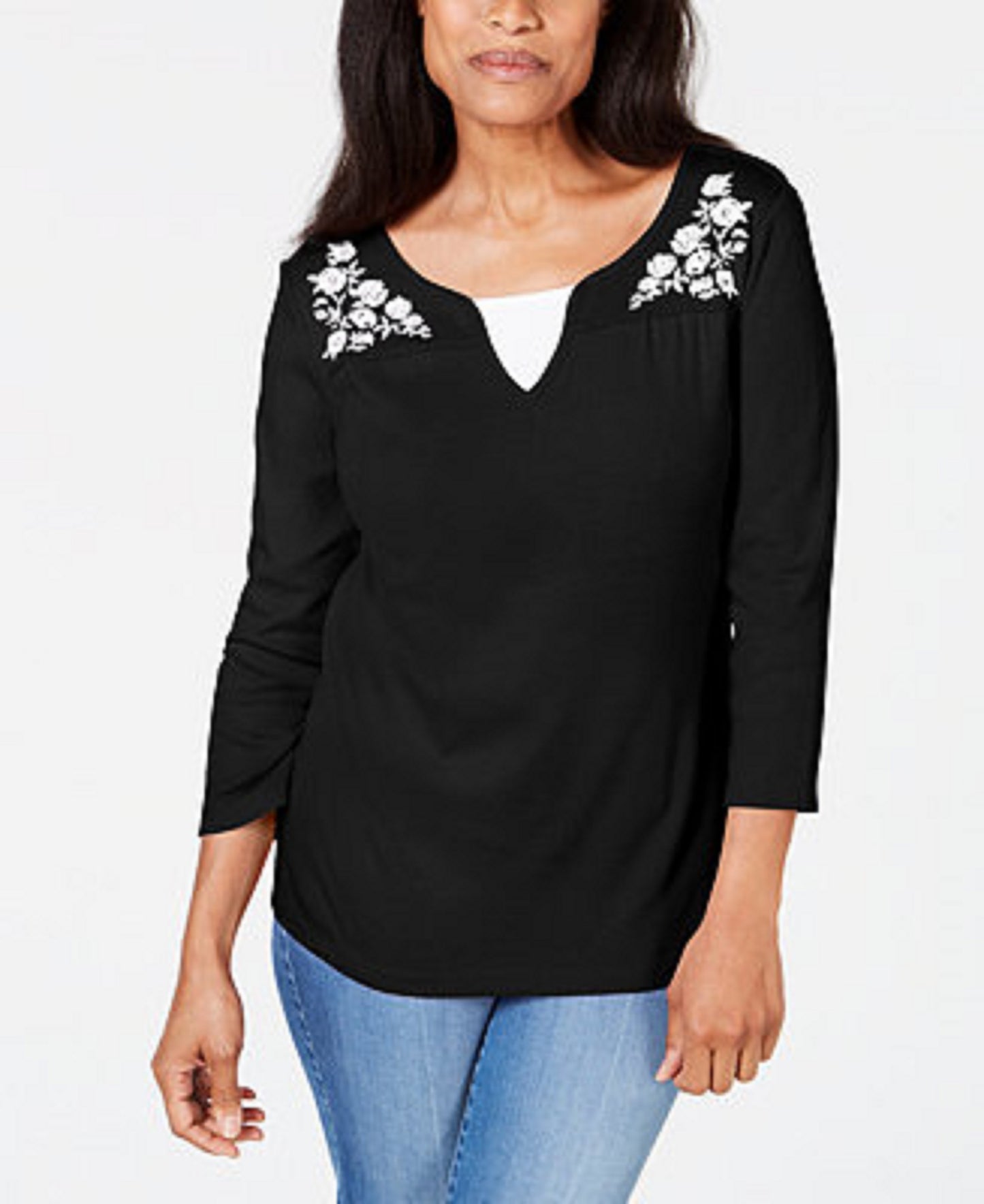 Karen Scott Women's Embroidered Cotton Layered-Look Top Black Size Small