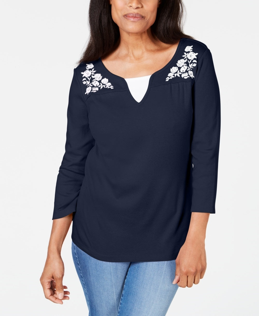 Karen Scott Women's Embroidered Cotton Layered Look Top Navy Size X-Small