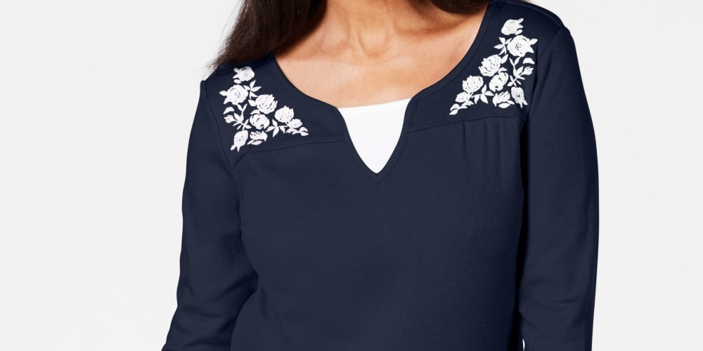 Karen Scott Women's Embroidered Cotton Layered Look Top Navy Size X-Small