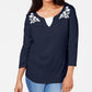 Karen Scott Women's Embroidered Cotton Layered-Look Top Navy Size Petite Medium