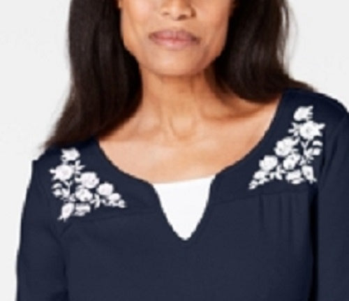 Karen Scott Women's Embroidered Cotton Layered-Look Top Navy Size Petite Medium