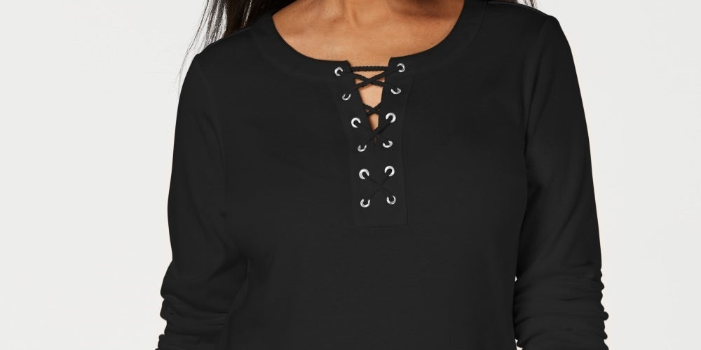 Karen Scott Women's Cotton Lace-Up Top Black Size X-Small