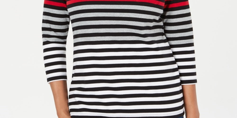 Karen Scott Women's Striped 3/4-Sleeve Top  Bright Red Size Small