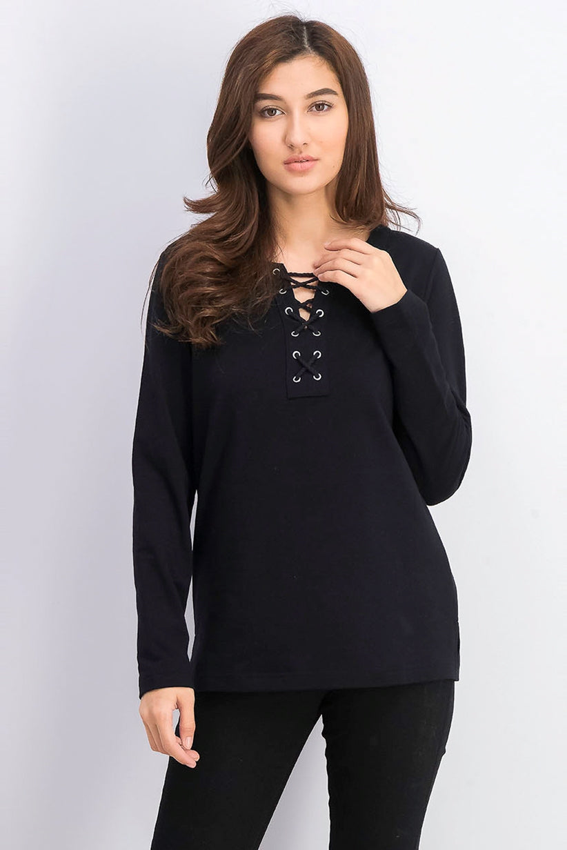 Karen Scott Women's Sport Lace-Up Sweatshirt Black Size Small