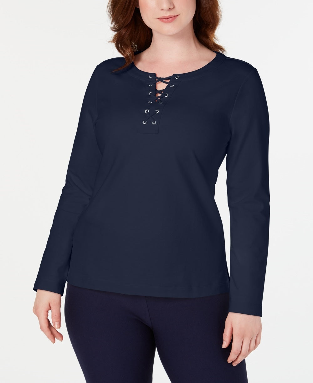 Karen Scott Women's Sport Lace-Up Sweatshirt Navy Size Small