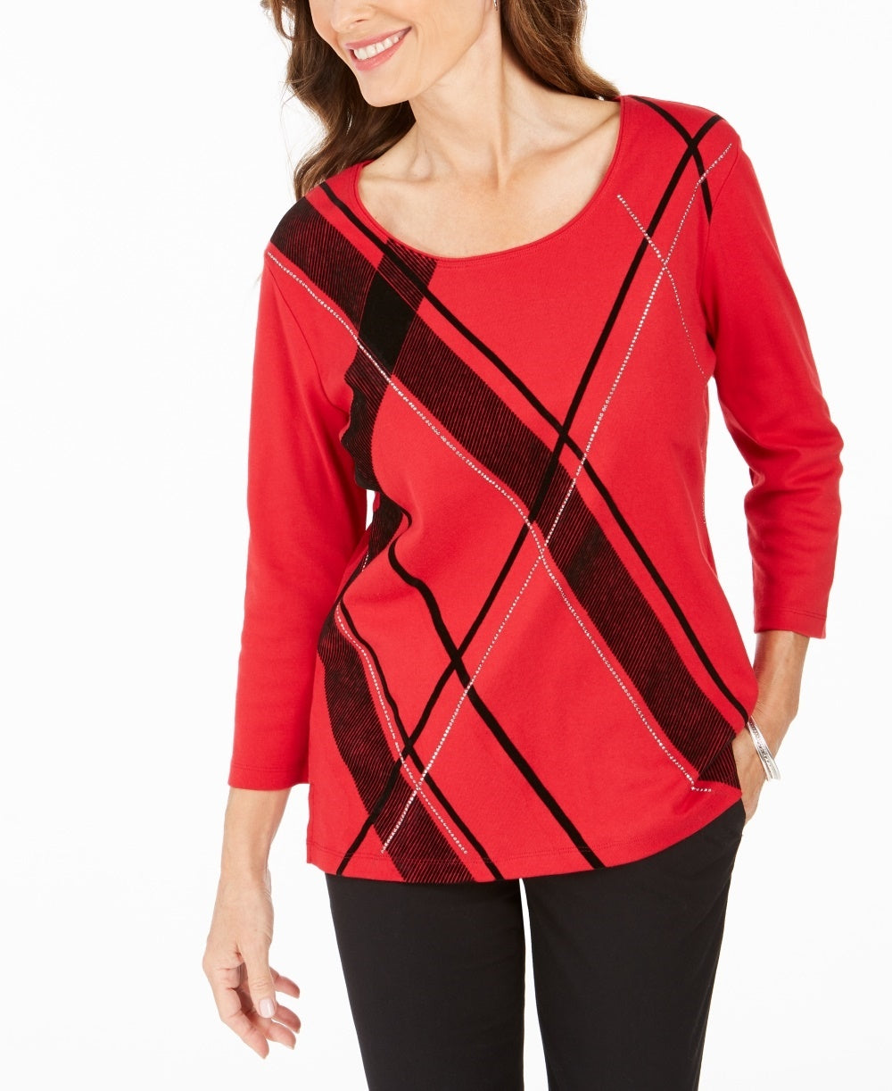 Karen Scott Women's Petite Graphic Scoop-Neck Top Red Size Petite