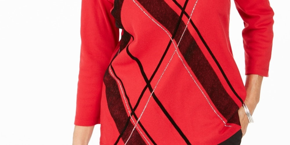 Karen Scott Women's Petite Graphic Scoop-Neck Top Red Size Petite