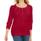 Karen Scott Women's Petite Cotton Grommet-Hardware Top Red Size PM