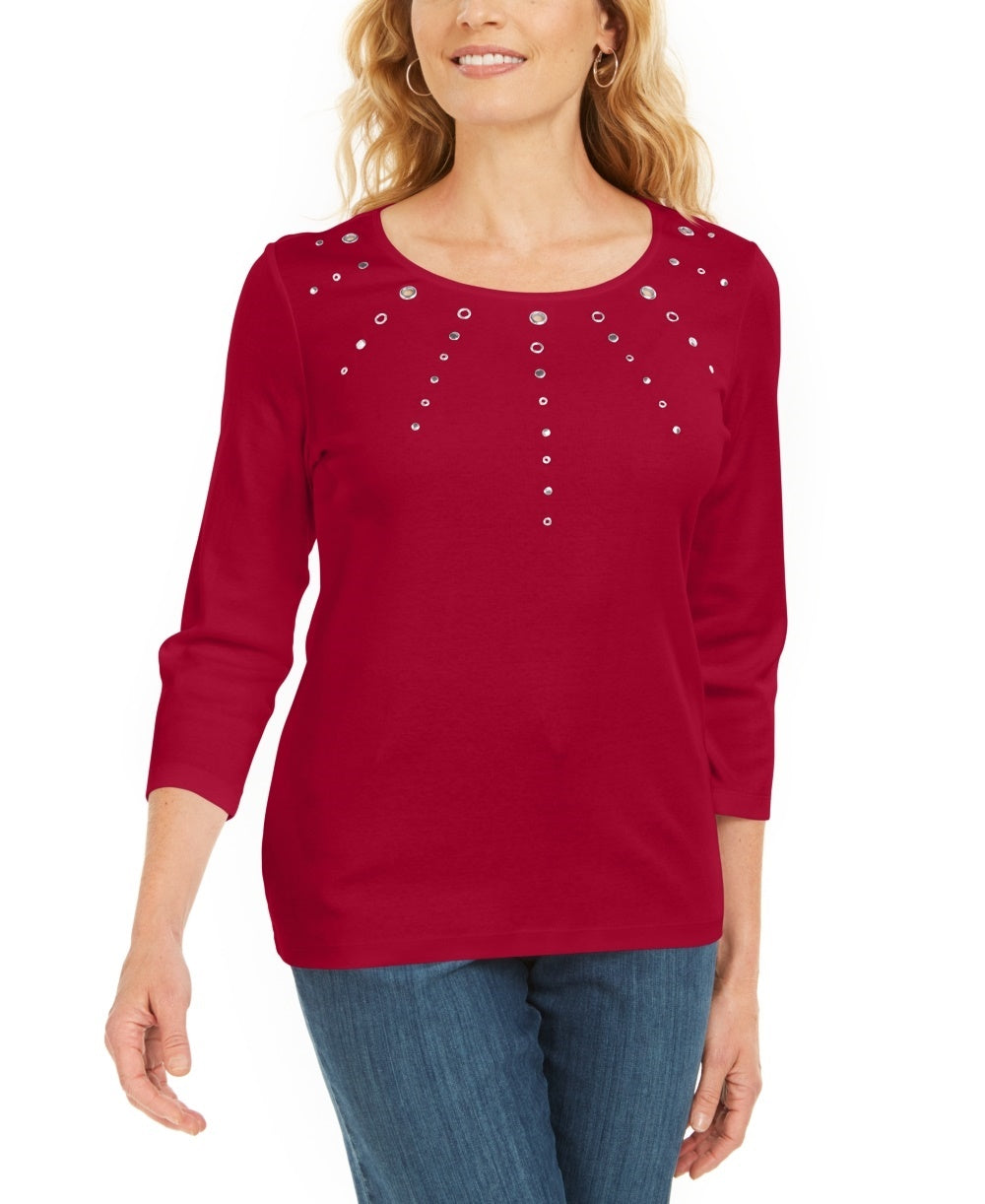Karen Scott Women's Petite Cotton Grommet-Hardware Top Red Size PM