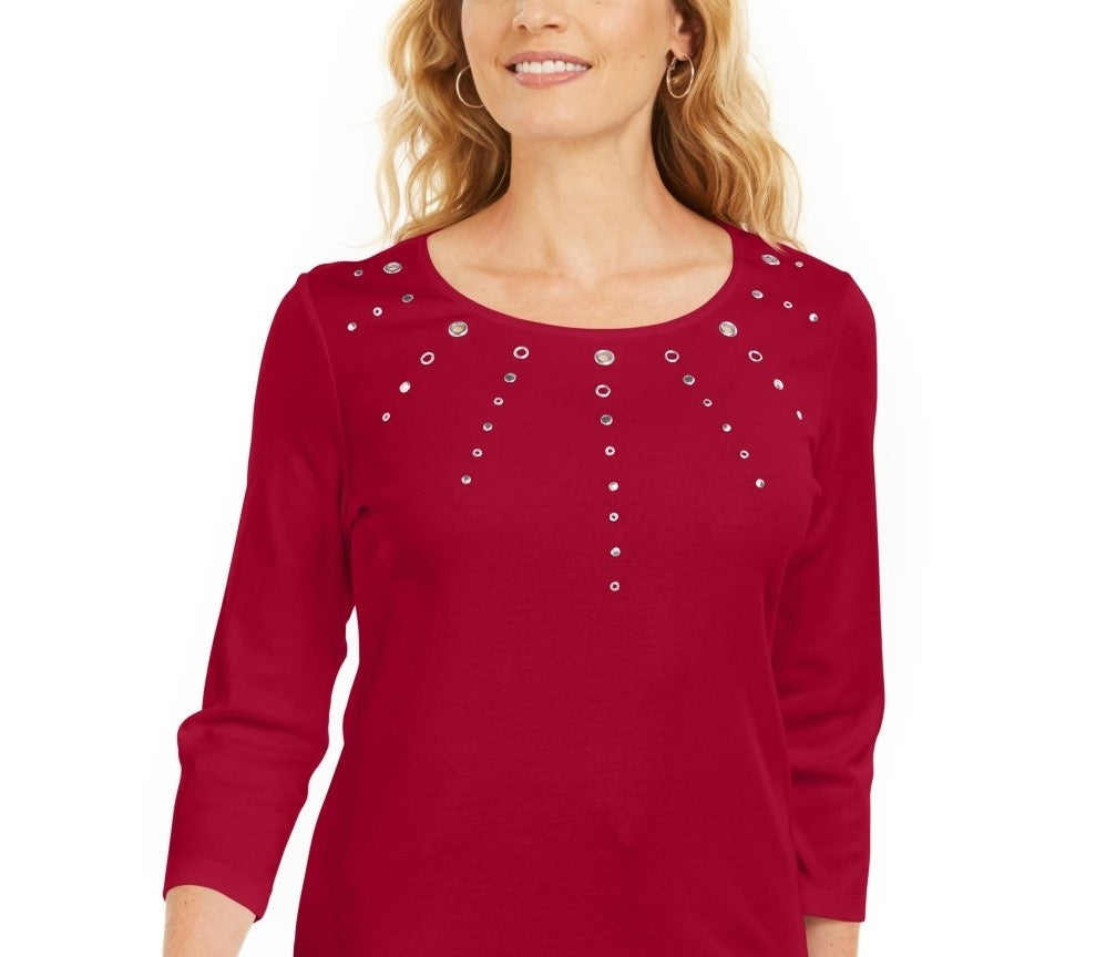 Karen Scott Women's Petite Cotton Grommet-Hardware Top Red Size PM