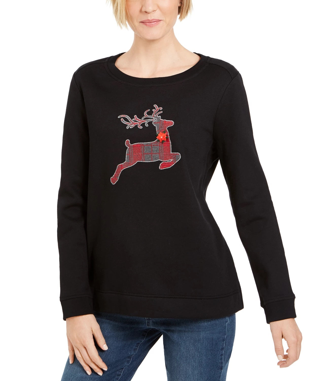 Karen Scott Women's Sport Plaid Reindeer Top Black Size Large