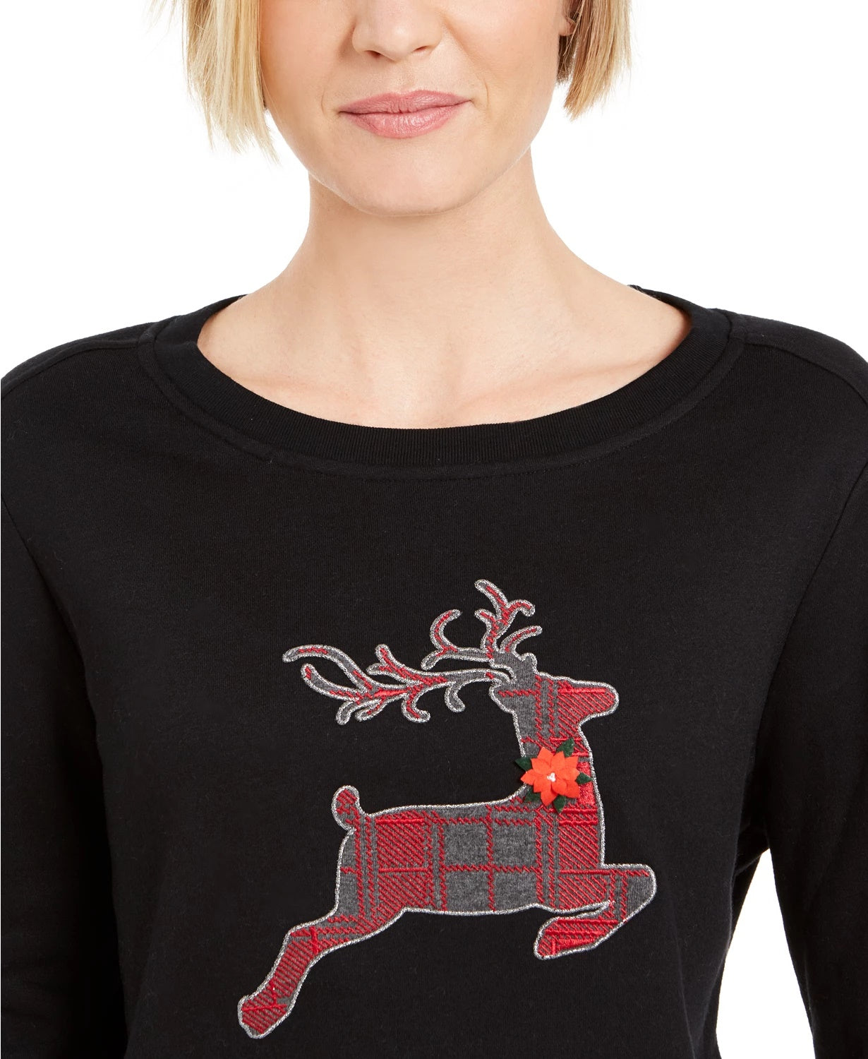 Karen Scott Women's Sport Plaid Reindeer Top Black Size Small
