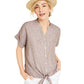 Charter Club Women's Linen Tie Front Button Up Shirt Brown Size X-Small